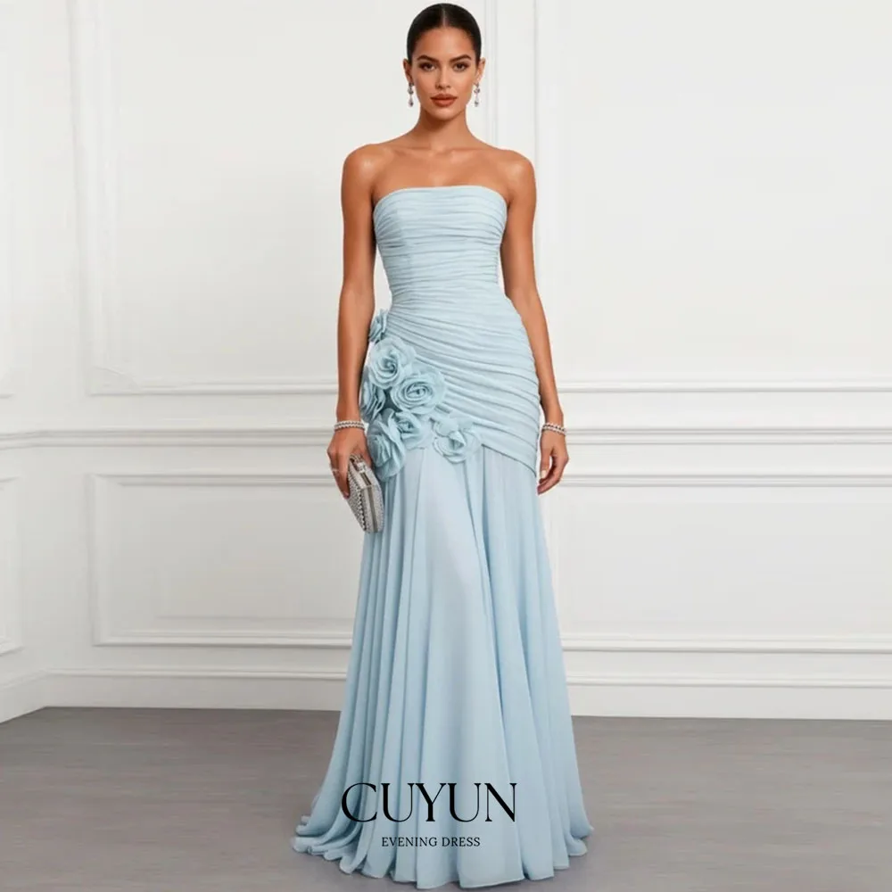 CUYUN Elegant Strapless Iace Blue Chiffon Evening Gown Dress A-line Ruched 3D Flowers Customized Prom Gown Vestido De Noche