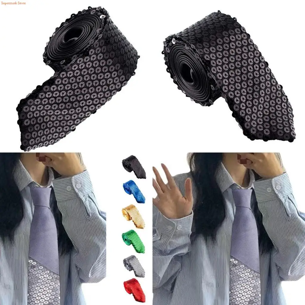 Q5WE Shimmering Neck Tie for Music Festival Sequined Tie for Women and Men Stage Show Neckwear for Night Event and Parties