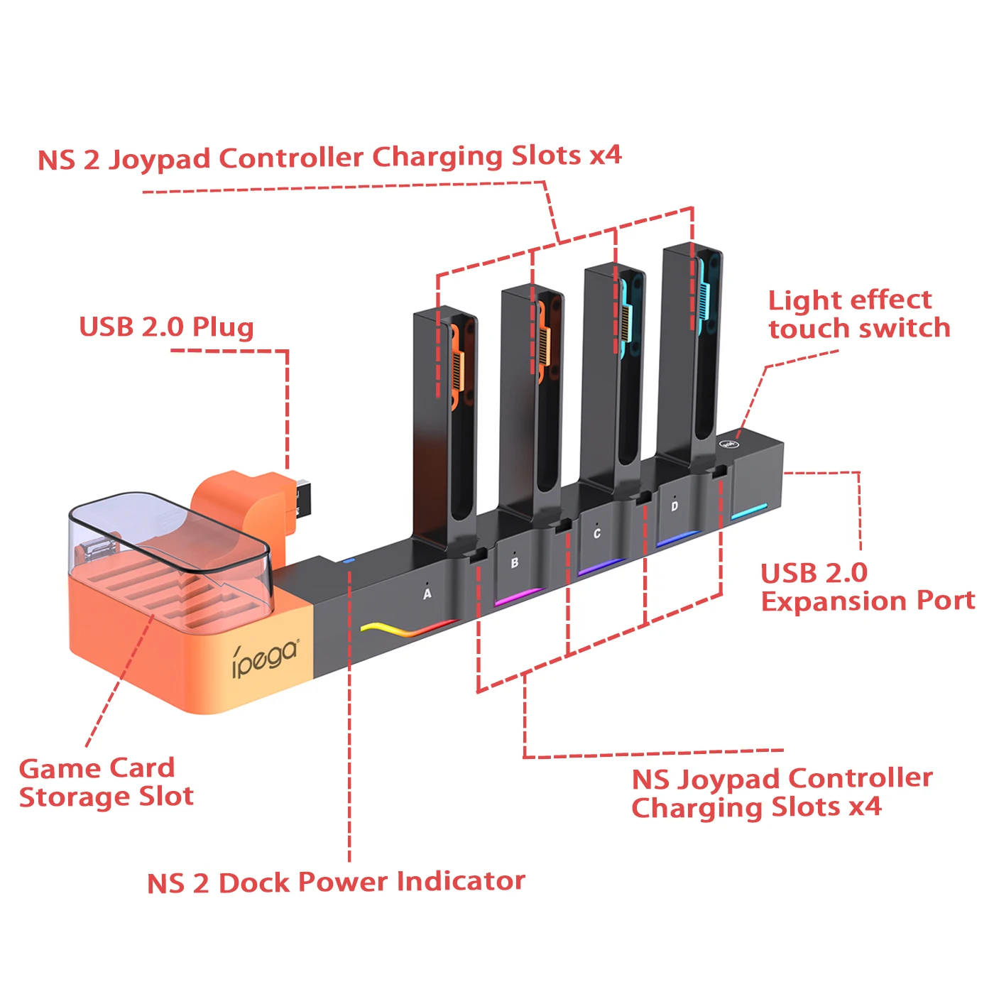 قاعدة شحن PG-SW2061 للتبديل 2 قاعدة أصلية - NS 1/2 Joy-Con (8 فتحات)، RGB، تصميم بايثون، 6 فتحات للعبة
