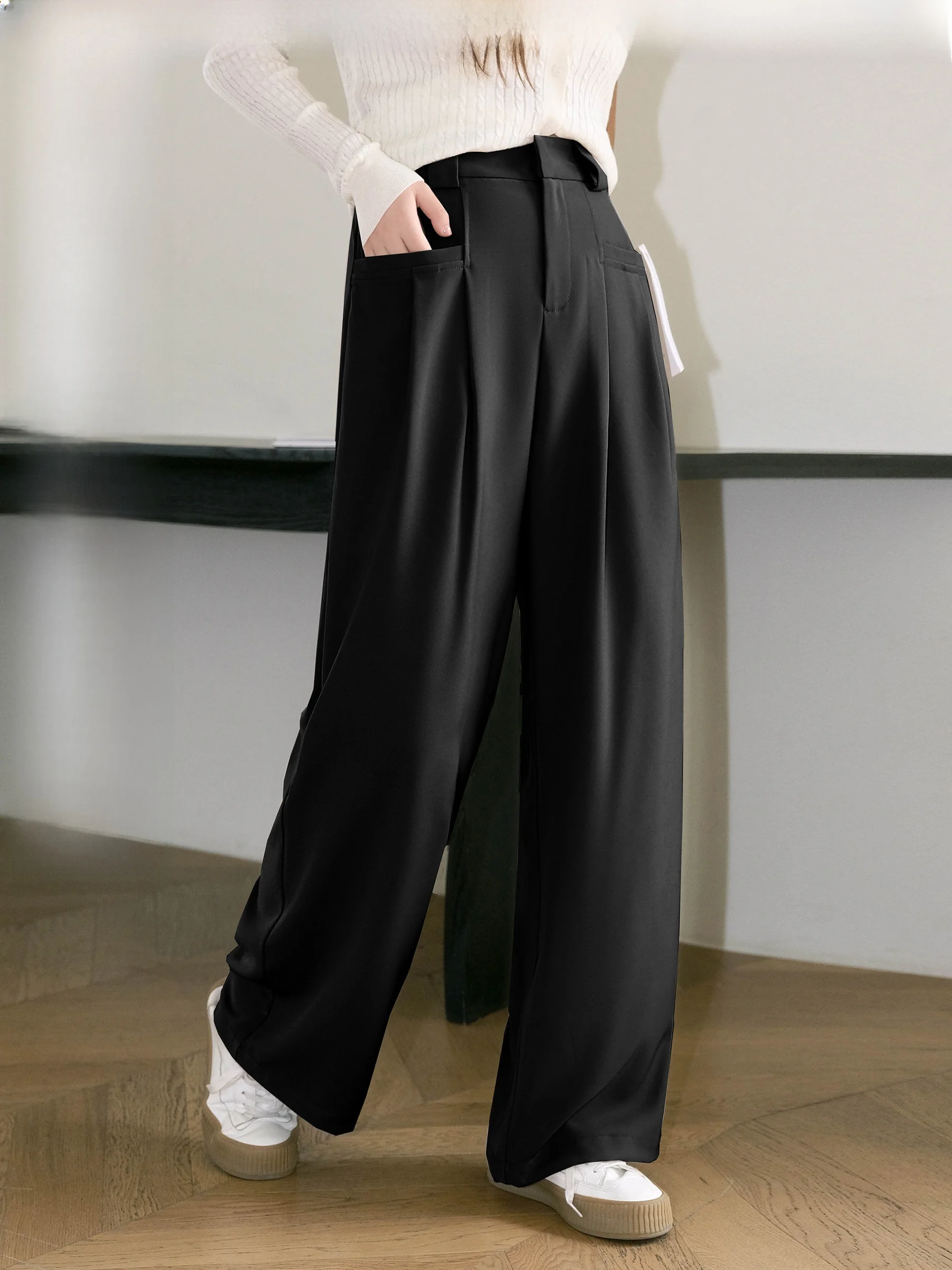 

Женские осенние брюки с высокой талией, широкие, прямые, в корейском стиле, для офиса, с эффектом драпировки