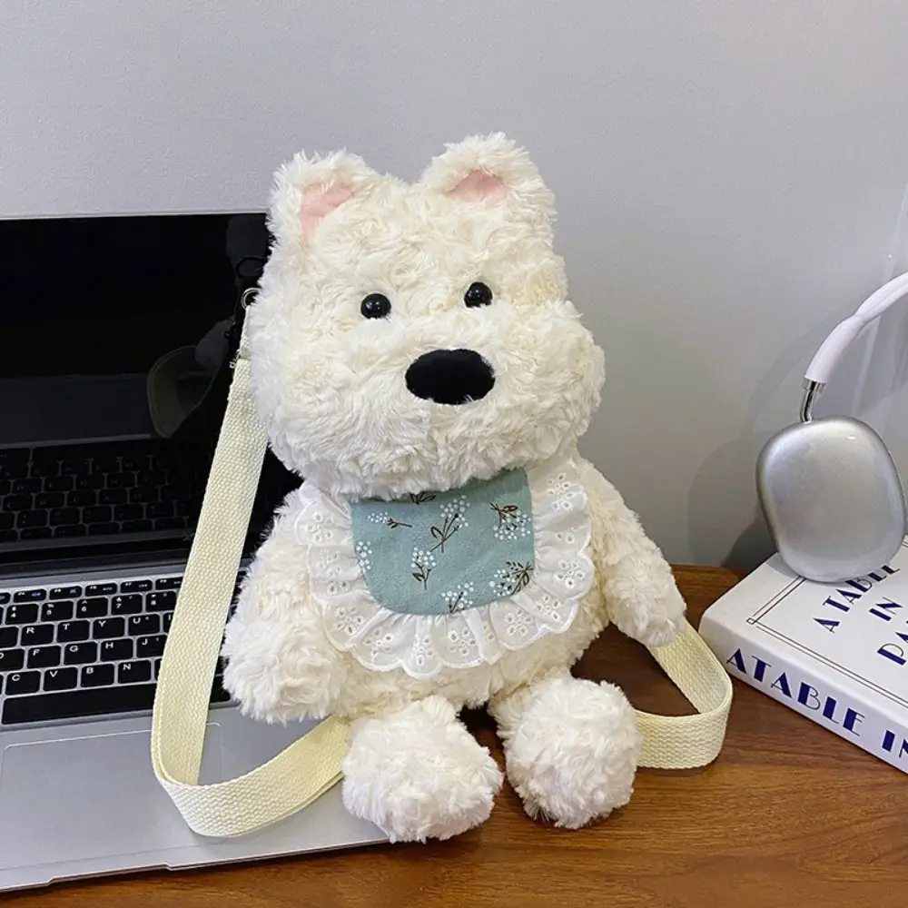 PP Cotton Westie Dog Plush Backpack Shoulder Bag Collection Plushie Doll Fur Bag Large Capacity Ins Stuffed Running Dog Knapsack