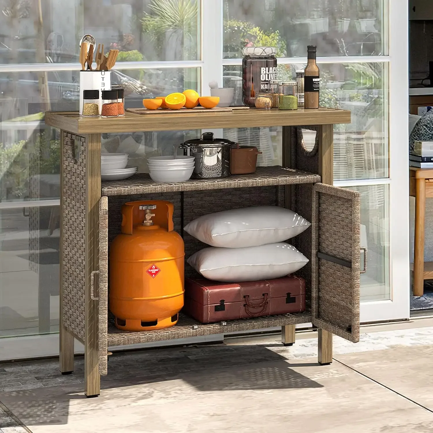 Outdoor Storage Cabinet, Patio Bar Table with Two Doors and Shelves, Weatherproof Wicker Storage Console Table