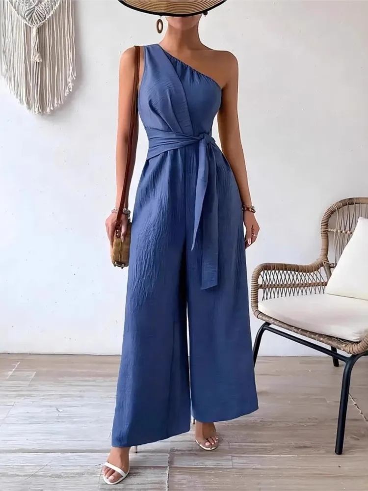 

Летний однотонный комбинезон для женщин, модный комбинезон без рукавов с диагональным воротником и высокой талией, широкие брюки на шнуровке, женские праздничные новые комбинезоны