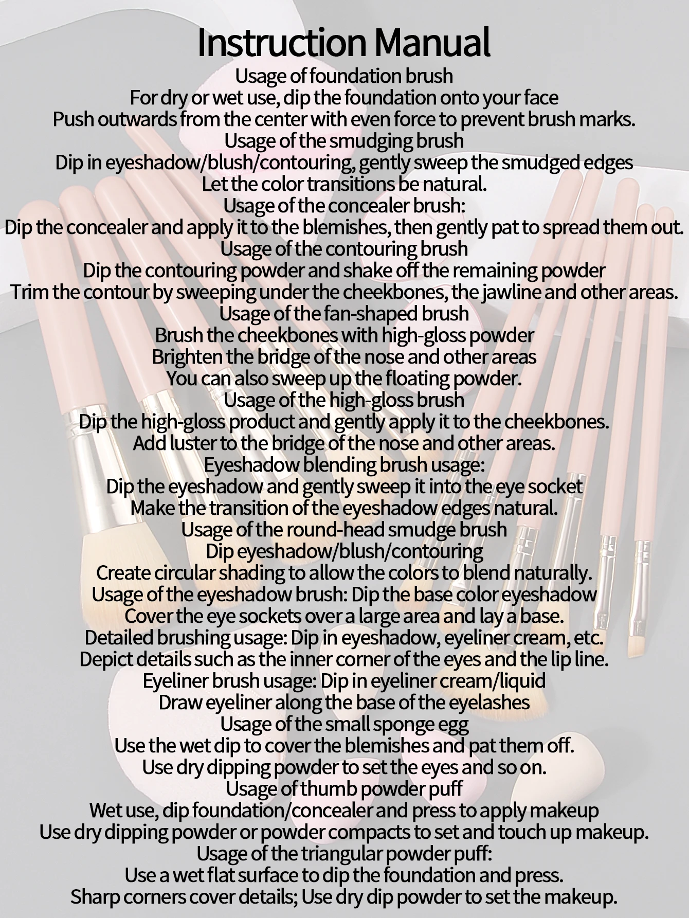 11 make-upborstels + 4 sponspoederdonsjes + 4 mini-schoonheidseieren, niet-latex, herbruikbaar, multifunctioneel make-uphulpmiddelen voor dagelijks gebruik