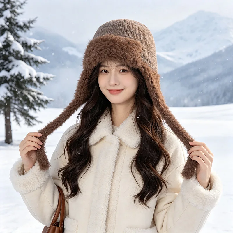 Winter outdoor warm pullover hat windproof ear protector knitted Lei Feng hat  version fashion show face small plush hat women