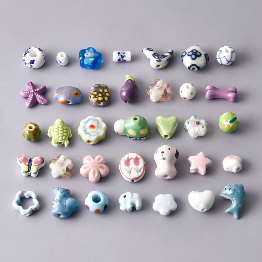 10Pcs Random Ceramic Heart Glazed Flower Loose Beads Mix Hand-Painted Cute Sea Animal Starfish Shell Charms DIY Jewelry Making