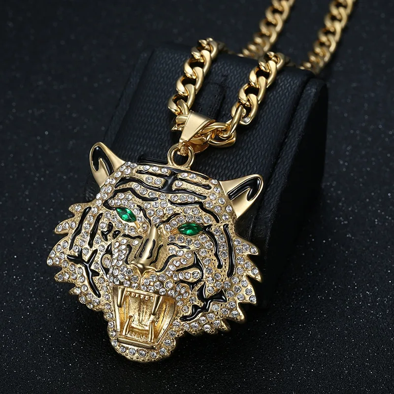 

Позолоченное ожерелье Fanshu из нержавеющей стали с роскошным кулоном в виде тигра, инкрустированным стразами, для мужчин и женщин, подарок, панк-бижутерия