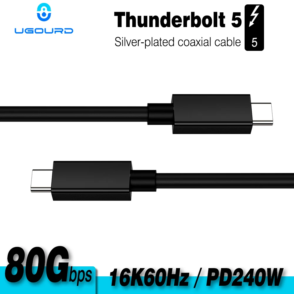 UGOURD 0.3m-2m Type-C Thunderbolt5 كابل محوري مطلي بالفضة 80Gbps متوافق مع Thunderbolt 4/3 لـ HUB لبطاقات الرسومات الخارجية