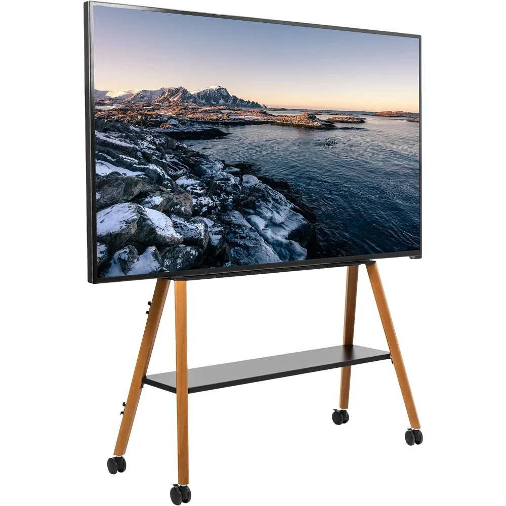 Rolling Artistic Easel 43 to 75 inch LED LCD Screen Mobile Studio TV Display Stand, Wood Accessory Shelf, Adjustable TV Mount