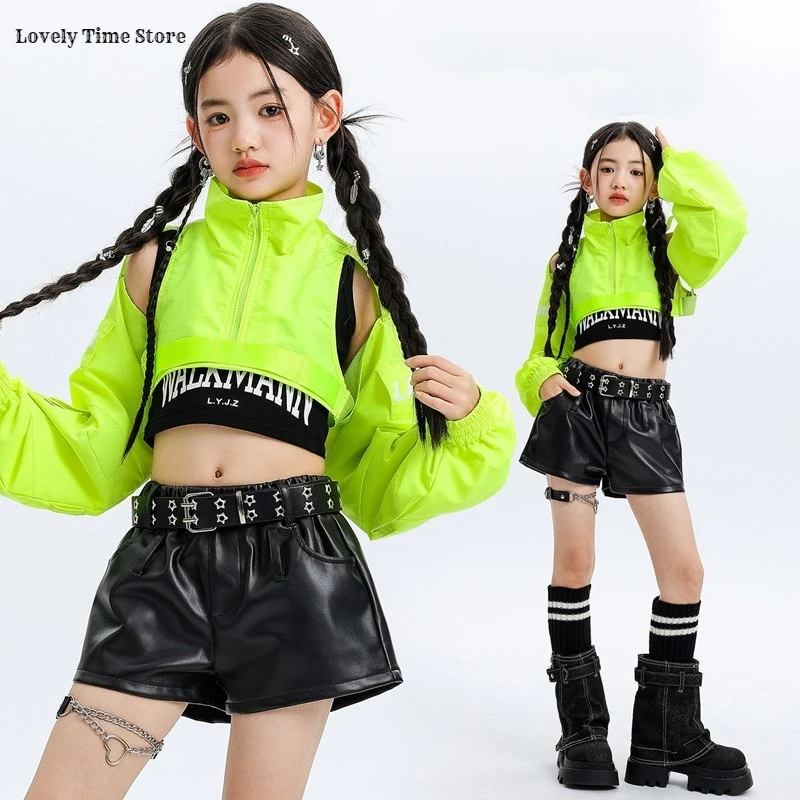 Girls K-pop Off Shoulder Crop Top Street Dance Shorts Kids Hip Hop Jazz Hot Pants Clothes Sets Children Girl Group Streetwear
