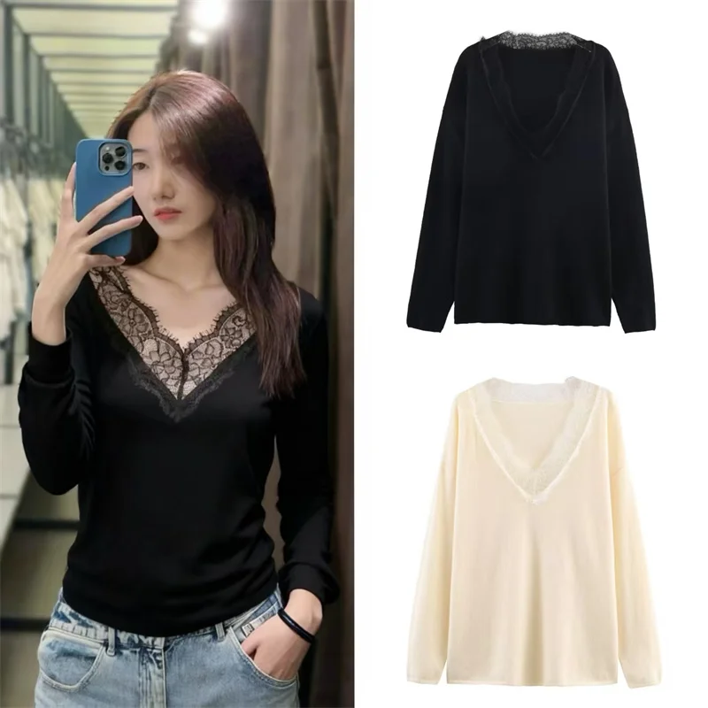 

Winter New Women's Casual Fashion Simple Loose Comfortable V-neck Blended Sweater with Lace Trim Long Sleeve Knitwear