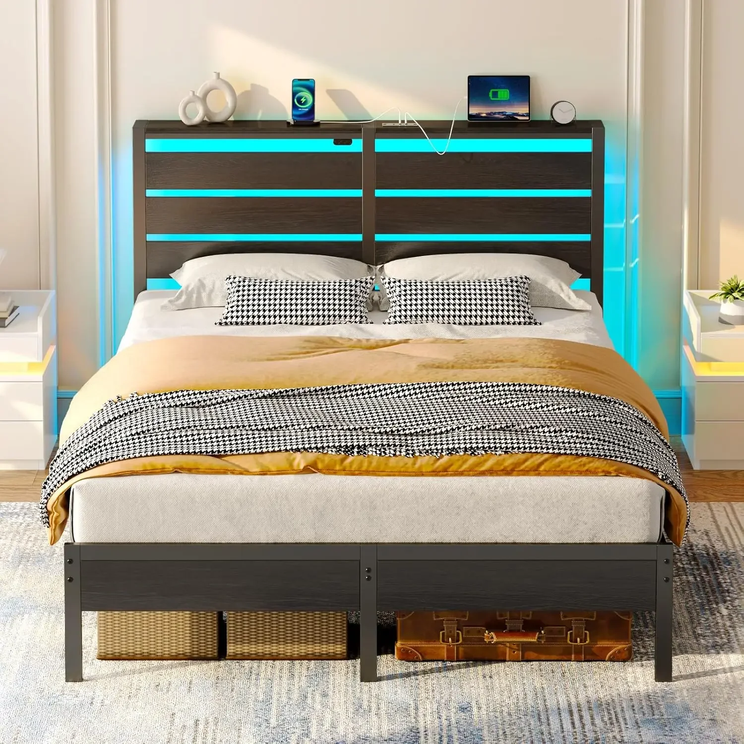 Bed Frame Full Size with USB Charging Station, LED Bed Frame with Wood Storage Headboard, Black Metal Platform Bed wit