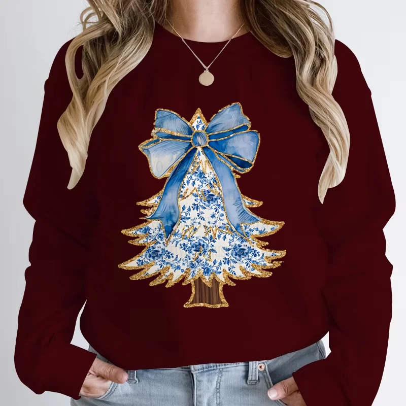 Womens Christmas Sweatshirt Colorful Christmas Tree with Bow Trending Sweatshirts Merry Christmas Tree Cartoon Classic Hoodies