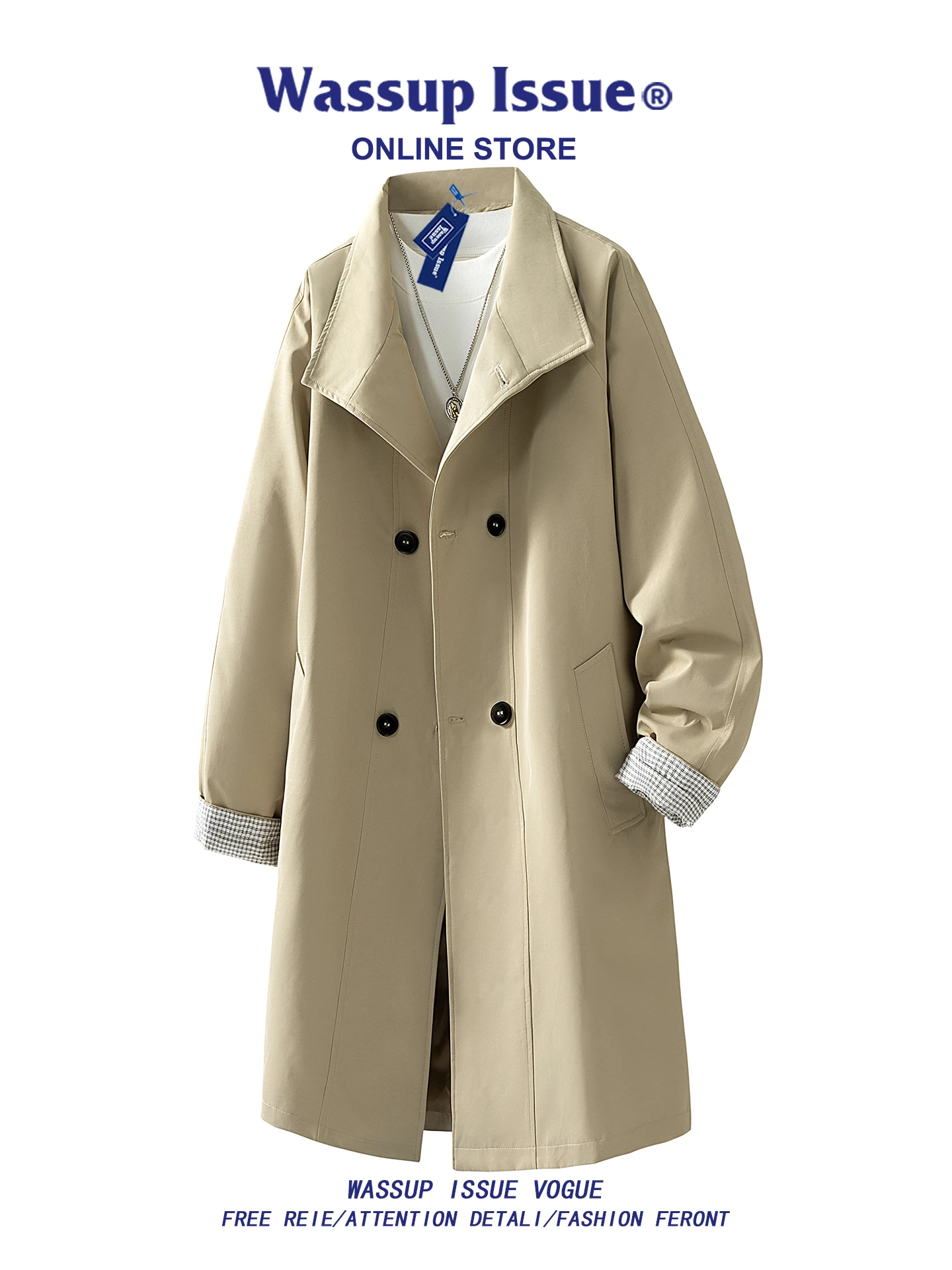 

Wassup Issue American Sle Men's Long Double-breasted Coat Spring Autumn Loose Couple Outerwear Polyester Fiber Long Sve