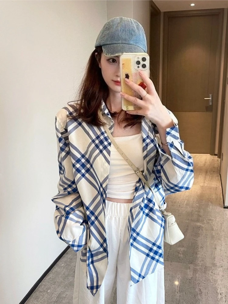 

Женская рубашка в клетку с цветовыми блоками, весна-осень 2026, свободный крой, с длинным рукавом, повседневная универсальная блузка для женщин