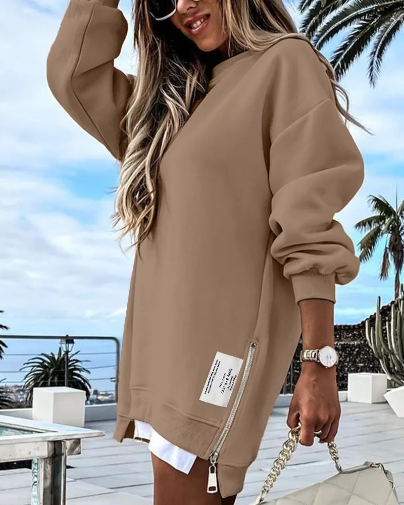 Autumn Sweatshirt Dress for Women New Long Sleeve Loose Zipper O-neck Long Causal Pullover Tops