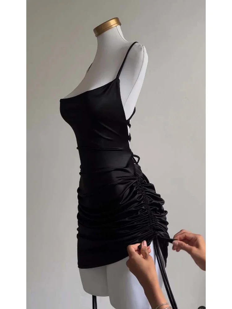 Sexy Satijn Lace Up Bodycon Mini Jurk Vrouwen Mouwloze Backless Party Club Jurken Streetwear Elegante Avondkleding Zwart Gewaad