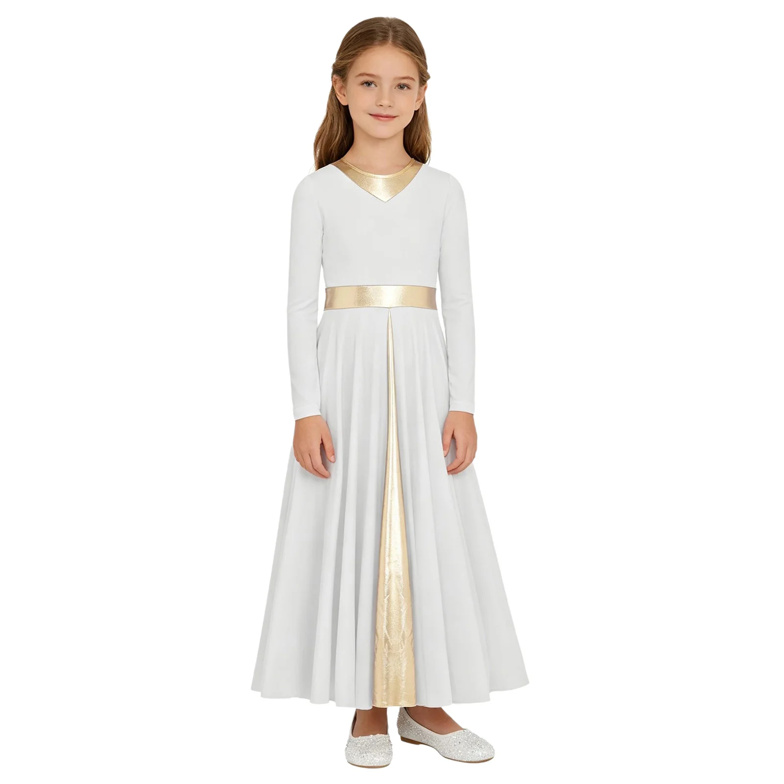 Kids Girls Praise Lyrical Dance Dress Contemporary Liturgical Worship Church Choir Robe Long Sleeve Metallic Maxi Dresses Gown
