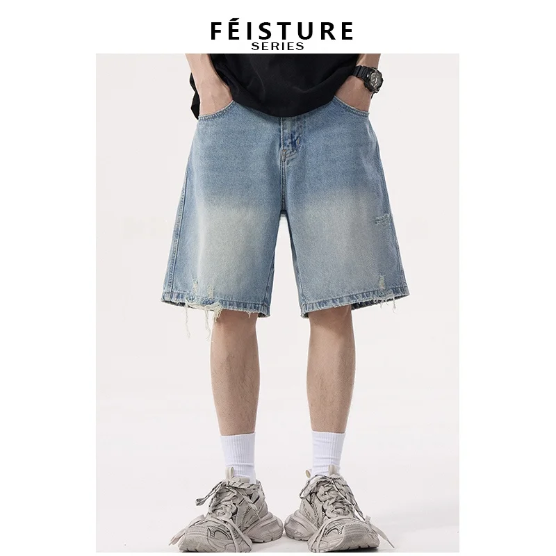 

American Style Washed Loose Jeans Shorts Men Summer Straight Casual Five-Quarter Pants Youth Daily Wear Non-Stretch Regular T...