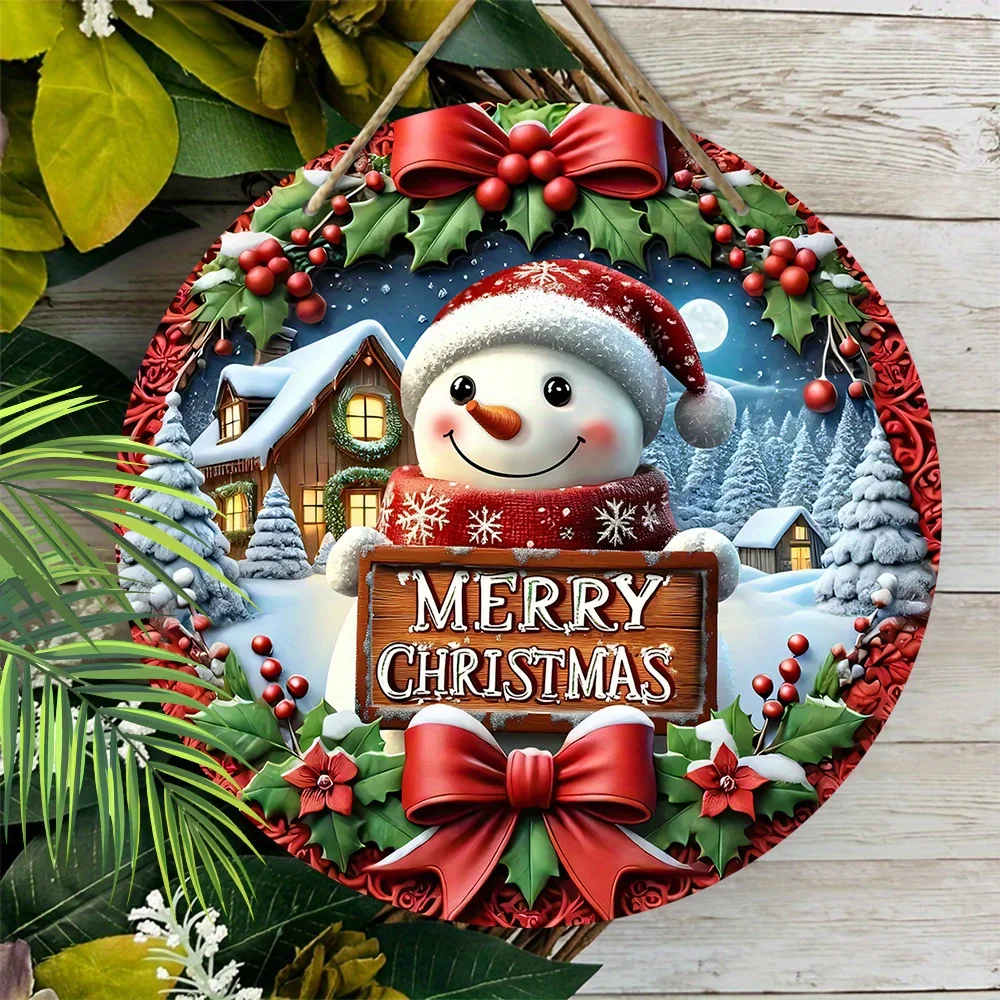 Charming Snowman & Red Berries Wooden Christmas Wreath - Retro Style, Perfect for Porch & Outdoor Decor, Festive Garden and Part
