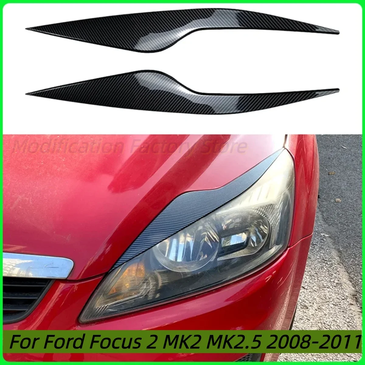 Pair Front Headlight Eyelid Eyebrow Trims For Ford Focus 2 MK2 MK2.5 2008-2011 Carbon Look/Glossy Black