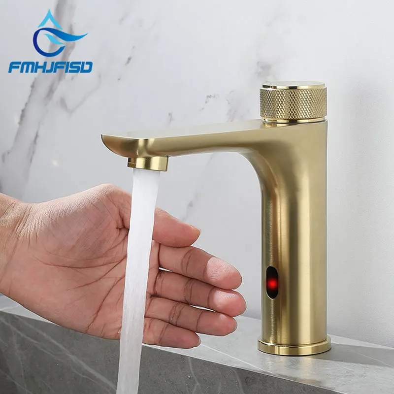 Smart Brushed Gold Brass Bathroom Sink Faucet Touchless Sensor Basin Faucet Hot Cold Water Mixer Tap Battery Power Single Hole