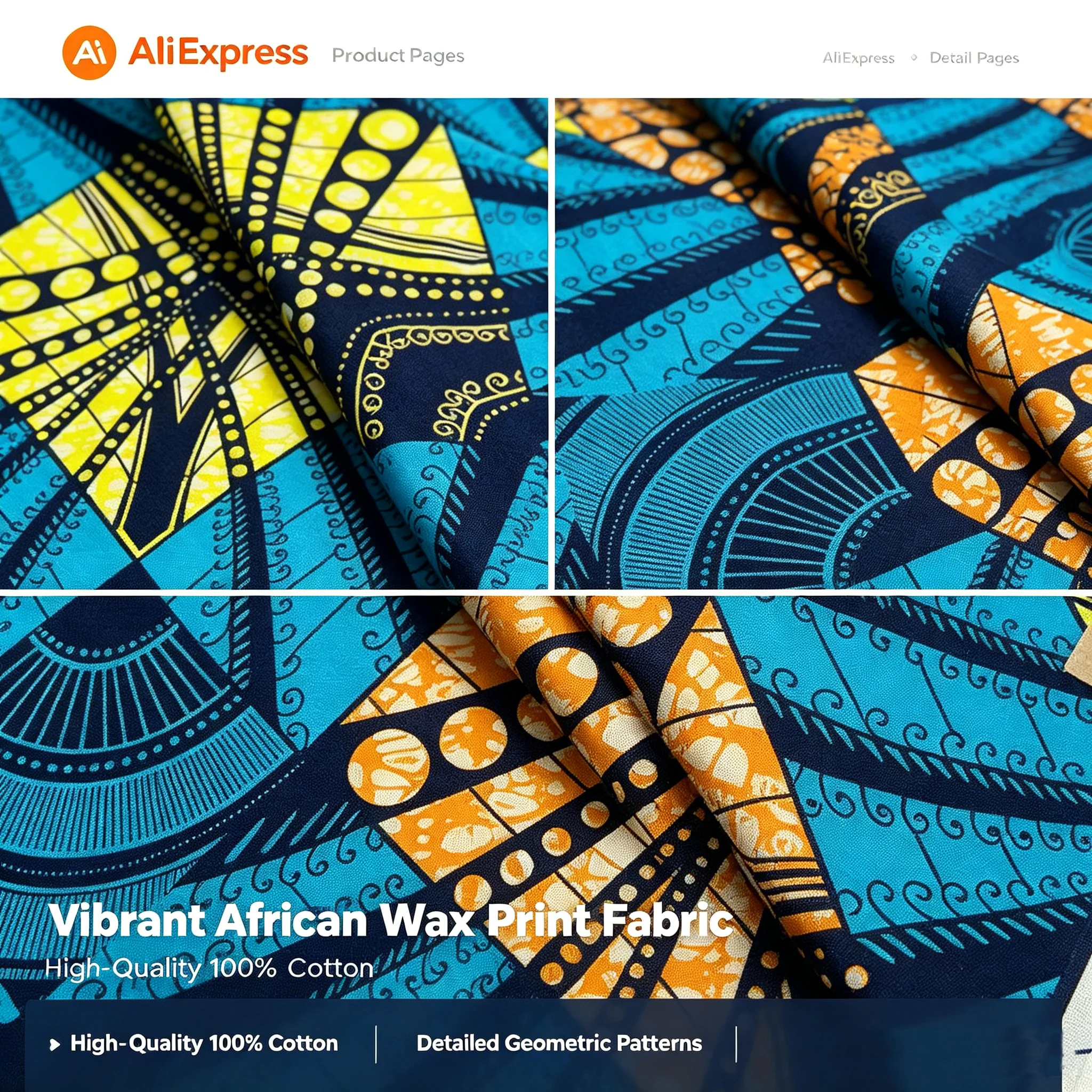 New African Real Wax Print Fabric 6 Yards 100% Cotton Ankara Kitenge Tissu Pagne Africain Blue Geometric Pattern For Women Dress view 3