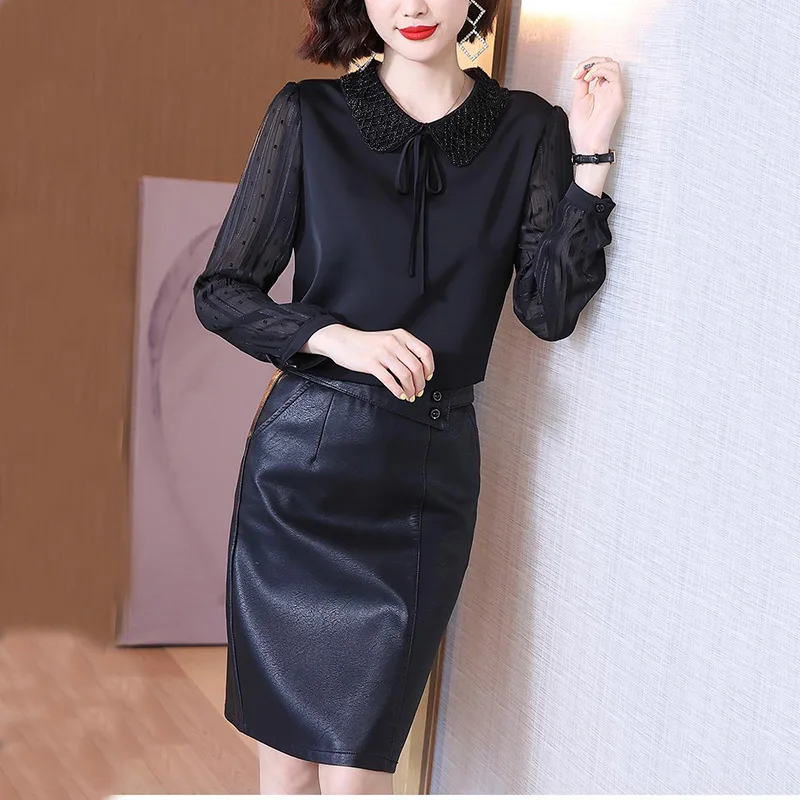 Spring Summer Fashion Black Mesh Long Sleeve Chiffon Shirt Aesthetic Urban Office Wear 2022 Korean Women Elegant Pullover Blouse