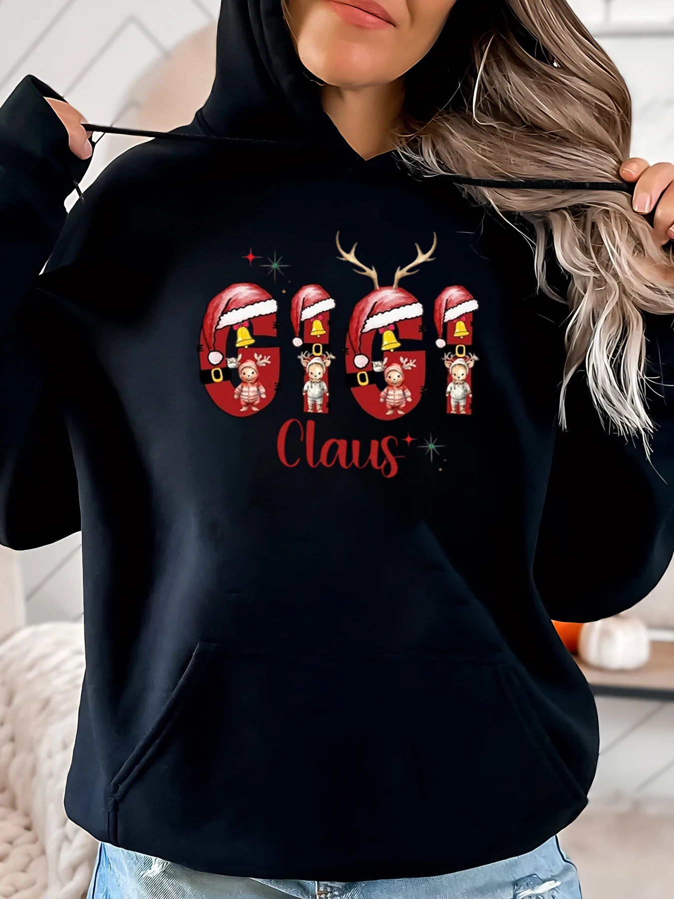 

Ggg Claus Christmas Hoodie Women Holiday Party Casual Wear Black Plus-Size