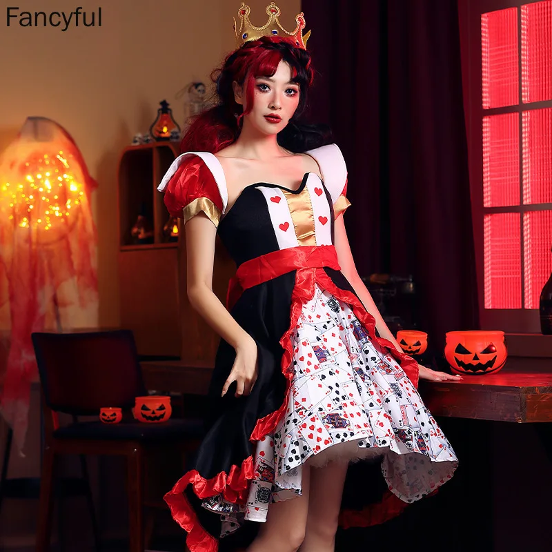 Costumi di Halloween Red Queen Poker abiti stampati per le donne Alice nel paese delle meraviglie Peach Heart Queen Character Costume Sexy Dress