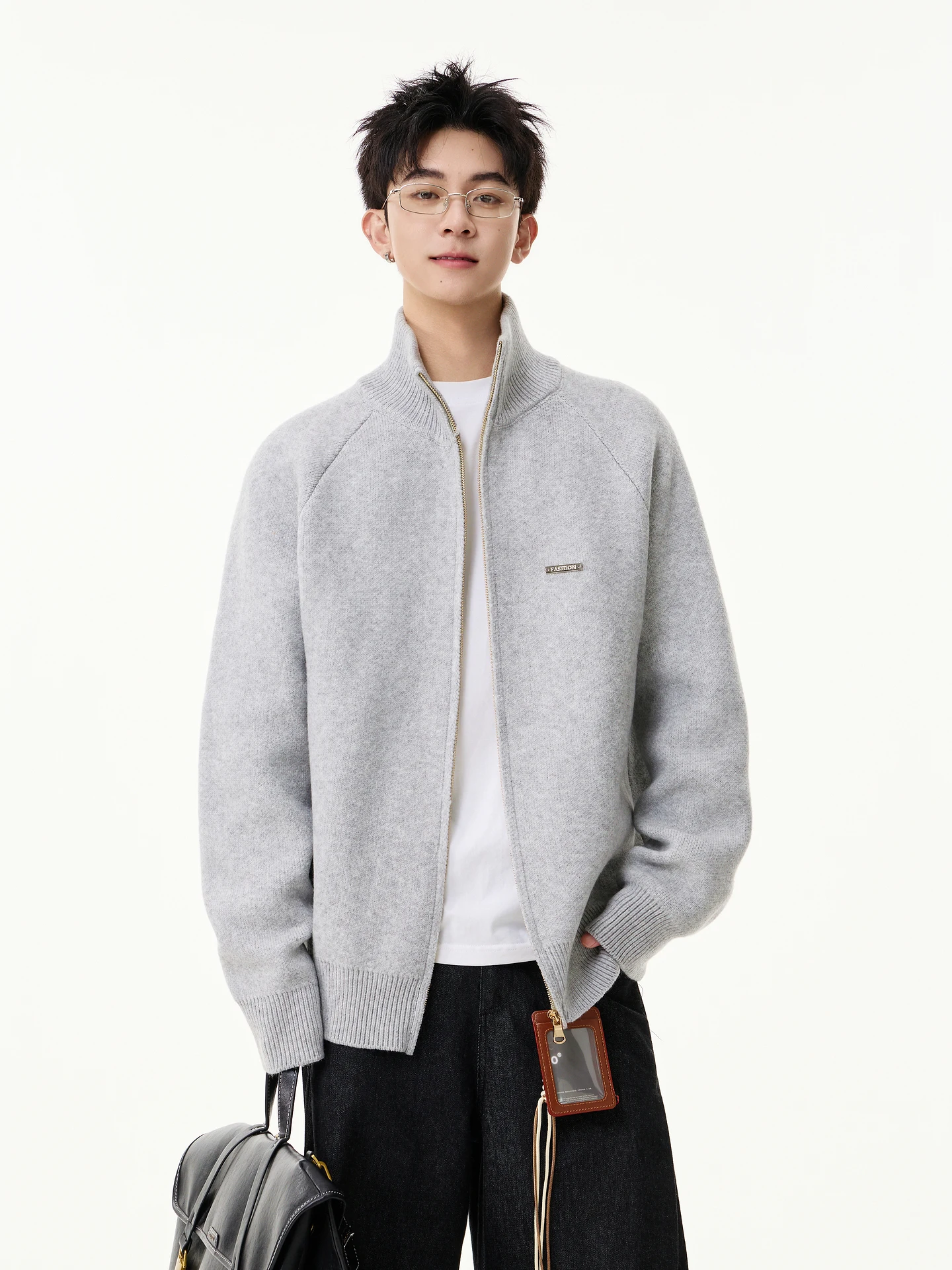 

Модный однотонный высококачественный вязаный кардиган свободного кроя для пар, с воротником-стойкой, мужской и женский, осенний, в стиле кэжуал