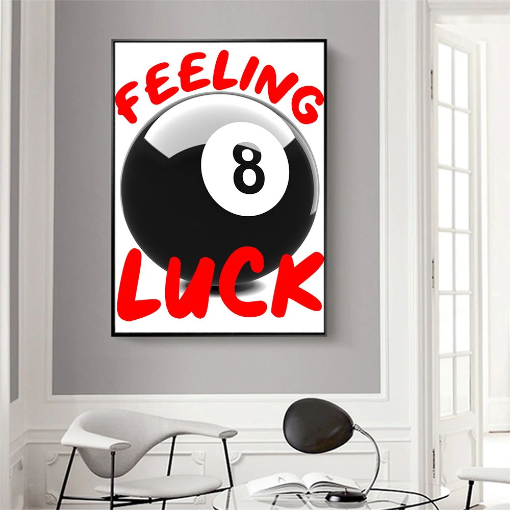 Vintage Black White 8 Pool Ball Print Feeling Luck Quote Picture Canvas Poster Living Room Home Bar Apartment Aesthetic Decor