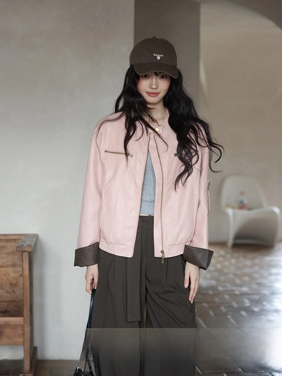 

Ximen 2026 Новая весенняя корейская стильная розовая кожаная куртка-жакет, модная верхняя одежда для женщин маленького размера