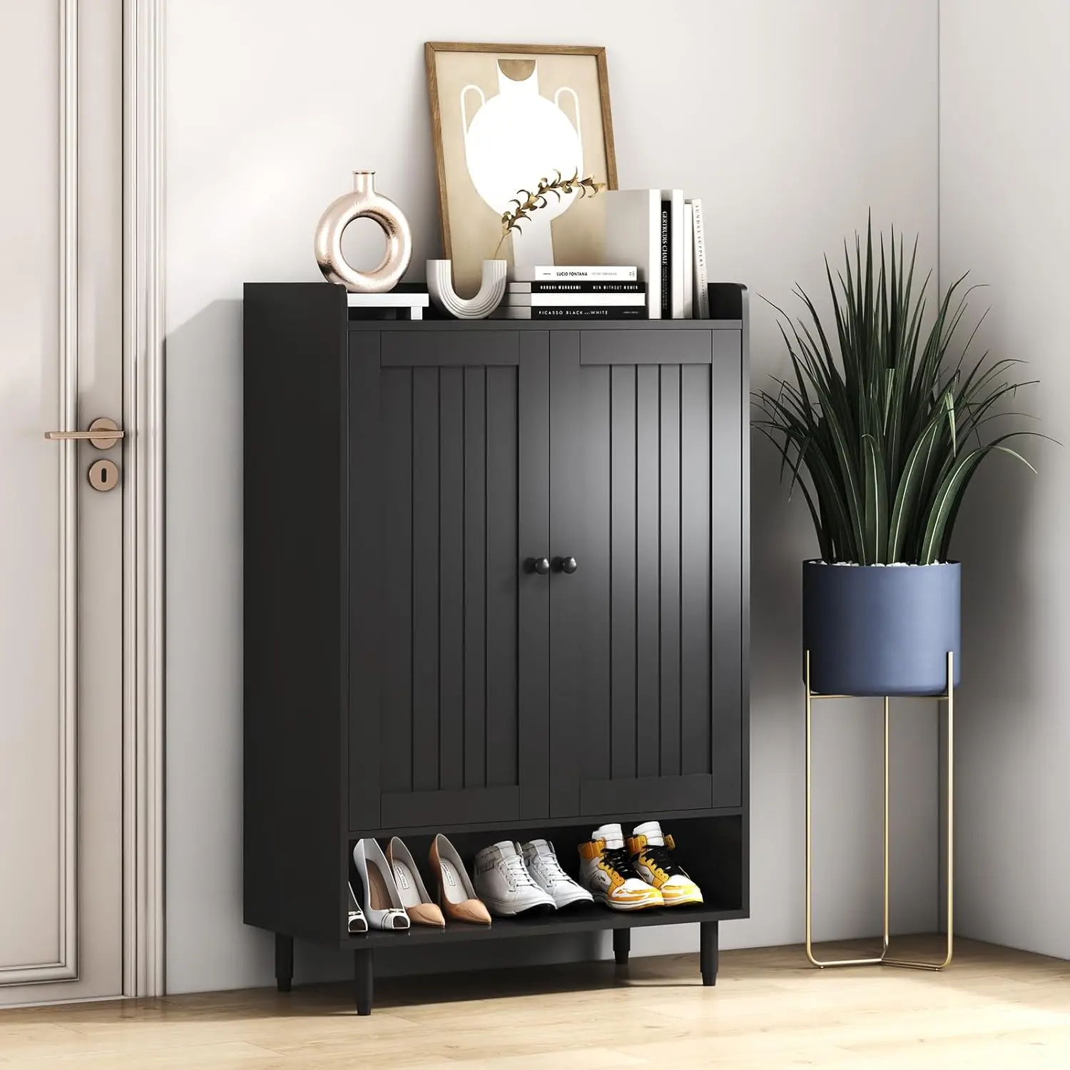 Shoe Cabinet Storage, Black Cabinet with Doors, 6-Tier Cabinet with 3 Adjustable Shelves, Rack Storage Orga