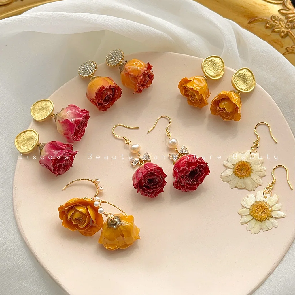 RetroGem Eternal Floral Enamel Dangle Earrings for Women French Luxury Natural Dried Rose Flower 2024 Statement Jewelry Gifts