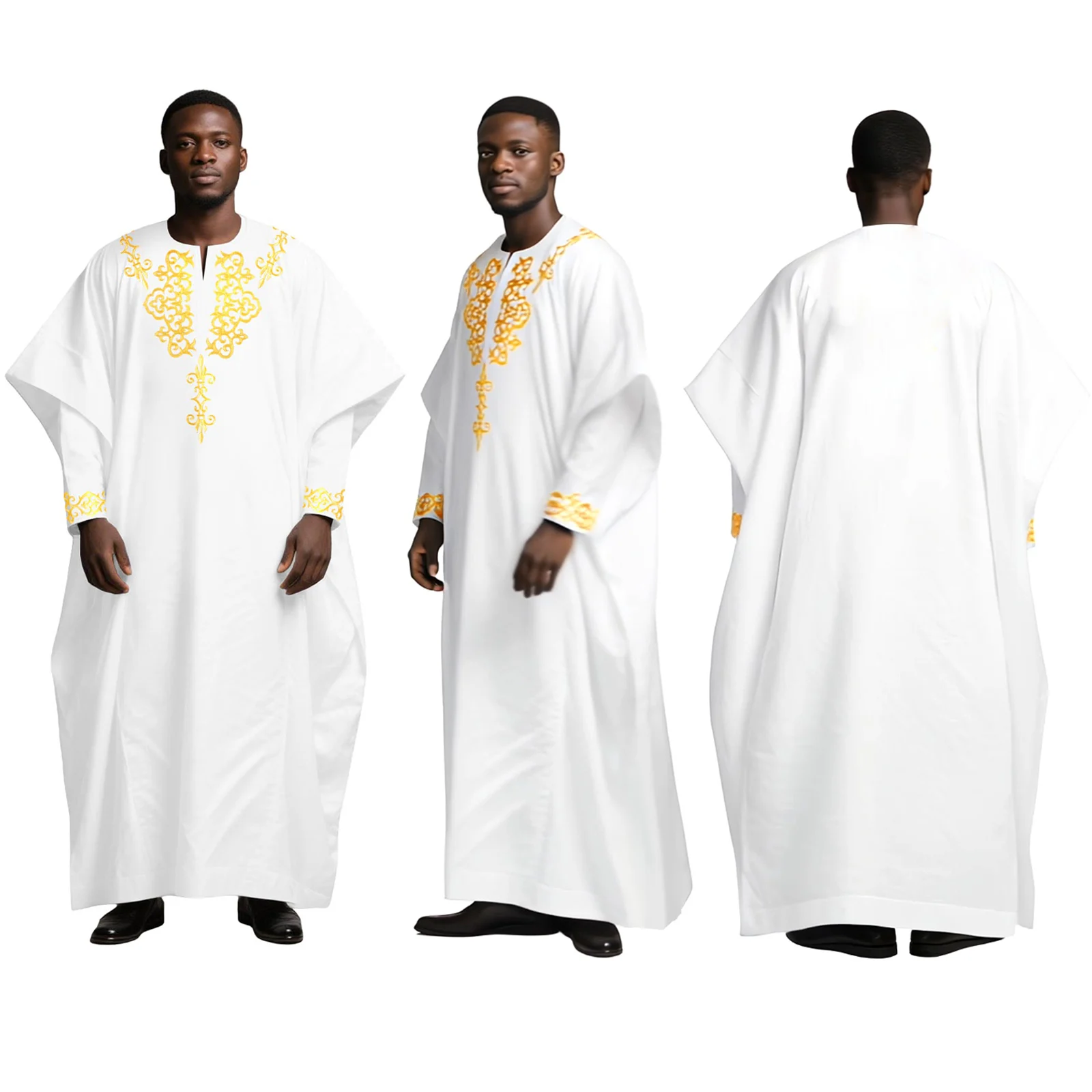 

DBQ Men's 3-Piece African Suit Gold Appliques Agbada Full Sleeves Shirt Slim Pants Brooch Formal Style BD1124