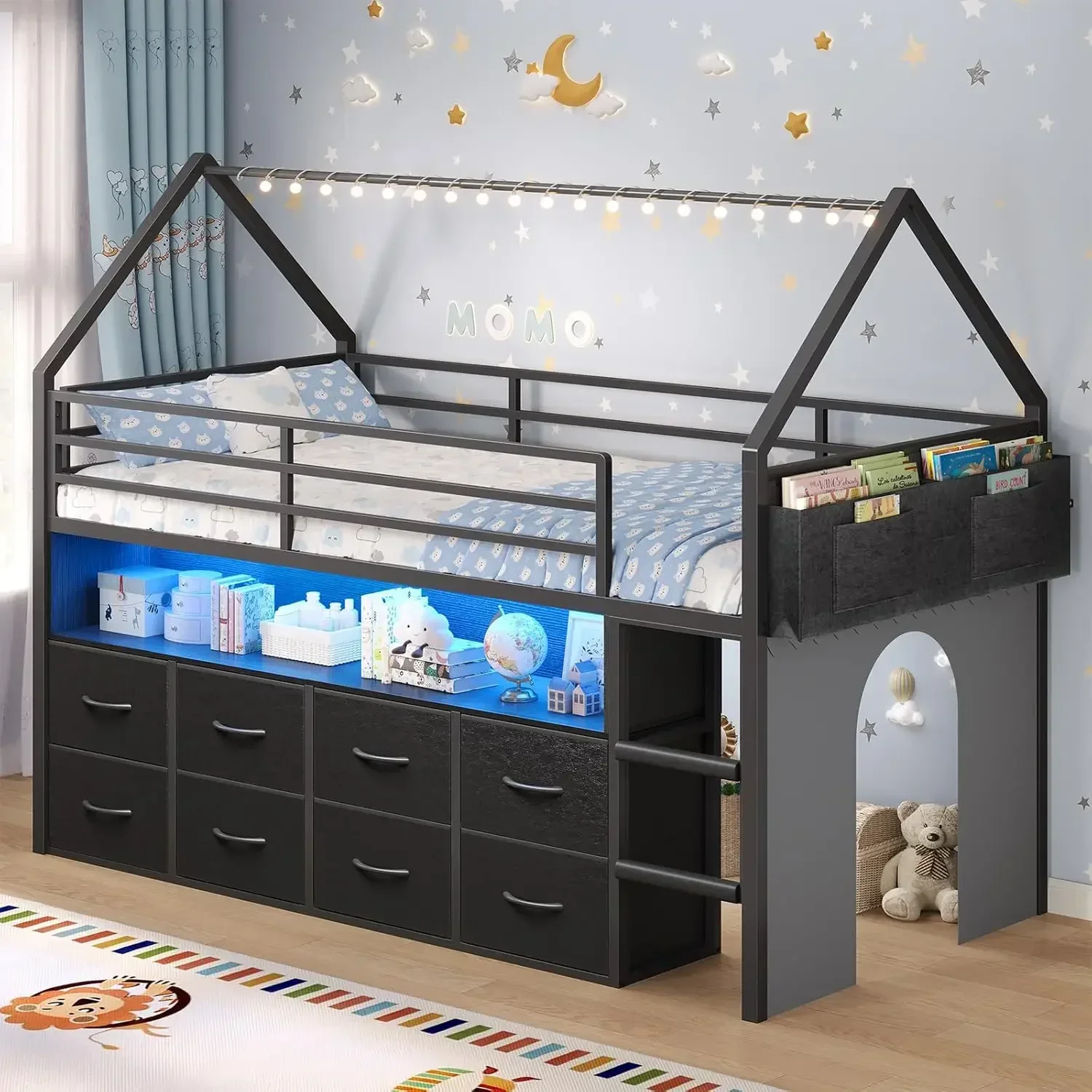 Twin Size Loft Bed for Kids, 8 Storage Drawers & LED Lights, House Shaped Metal Bed with Bookcase, Soft Foam Ladder, 13.4