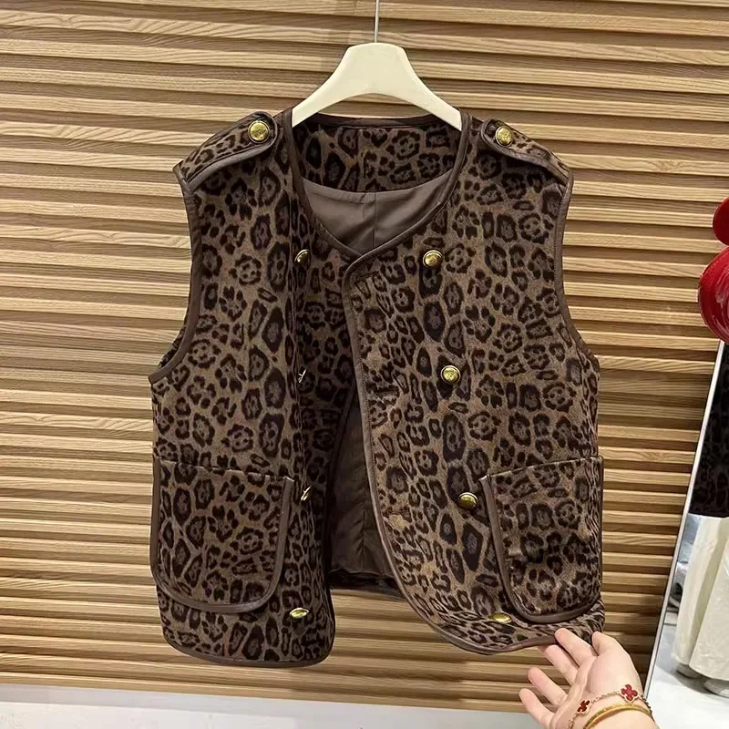 

Double-breasted Leopard vest jacket women's autumn/winter 2024 new fashion casual Western style waistcoat Joker top.