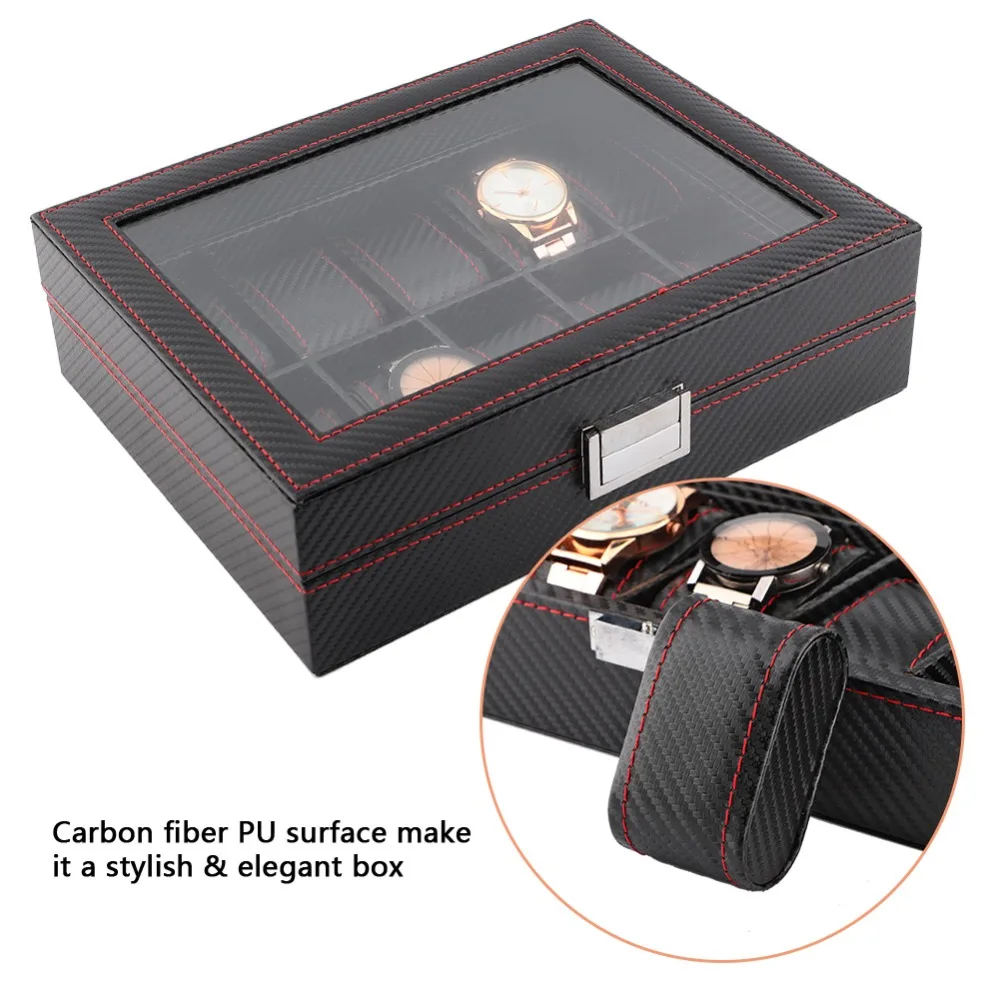 

Carbon Fiber Texture Watch Box Leather Material Twill Pattern Watch Organizer Red Stitching Watch Display Case Watch Collection