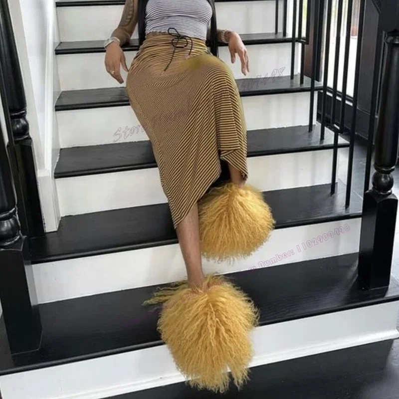 

Yellow Fluffy Decor Slippers Solid Color Round Toe Shoes for Women Fur Decor Cut Heels Sexy Flats Shoes 2025 Zapatos Para Mujere