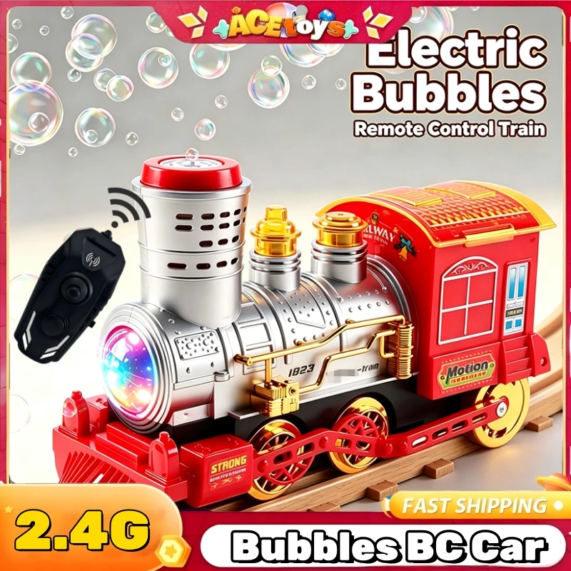 RC Bubble Train Toy 2.4G Remote Control Train with Bubble Maker LED Lights Music Railway Birthday Christmas Gifts for Kids 3+