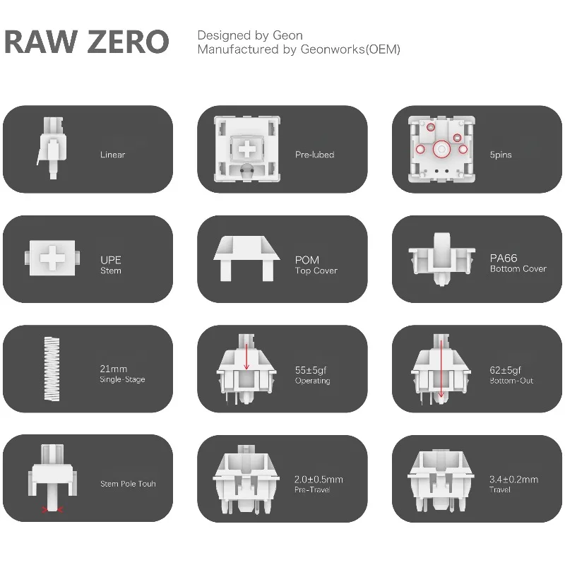 Geonworks RAW صفر الخطي التبديل 55 جرام الضغط الثقيل قبل التشحيم 5Pin الاستقرار مخصص الأصلي MX رمح للوحة المفاتيح الميكانيكية #3