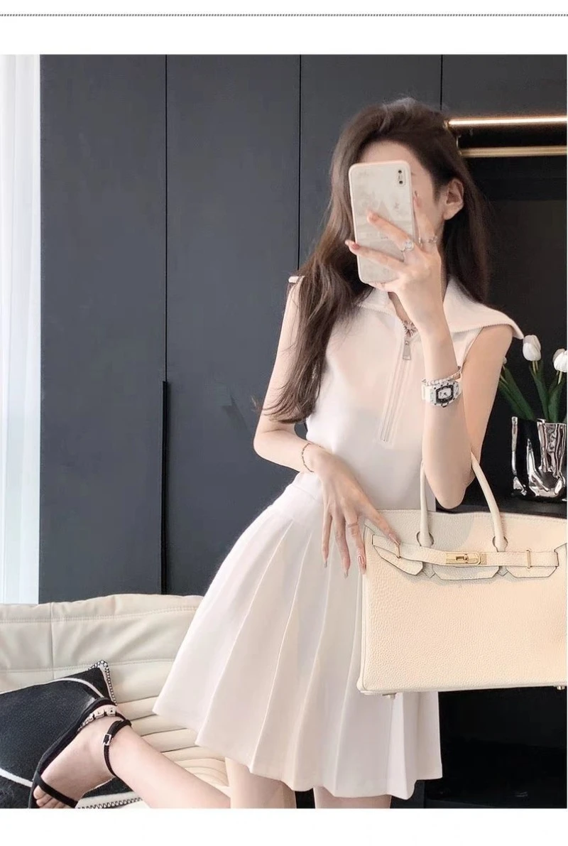 White Polo Neck Sleeveless College Dress Women Korean Sweet Solid Spliced Half Zippered Pleated Temperament Slim Summer Wear