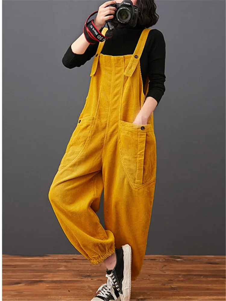 New Fashion Streetwear Dungarees For Women Autumn Winter Corduroy Jumpsuits Loose Plus Size Rompers Pocket Wide Leg Overalls