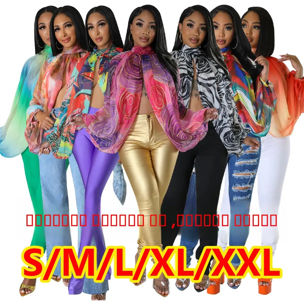 レディース レースアップ プリント シフォン イルト バットウィング スリーブ ラウンドネック ロングスリーブ カジュアル ファッショナブル エレガント トップス