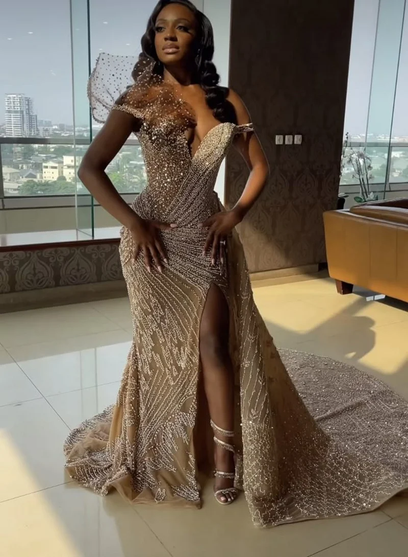 Elegant Sequin Evening Dresses African Girls High Split V-Neck Crystal Beaded Long Mermaid Prom Gowns robes de soirée Customized image 2