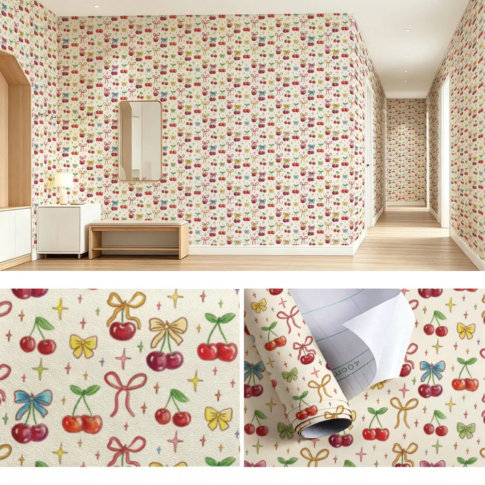 1 Pink Cherry Bow Print Self-adhesive Circular Wallpaper for Living Room, Bedroom, Cabinet, Fashionable Festival Stickers