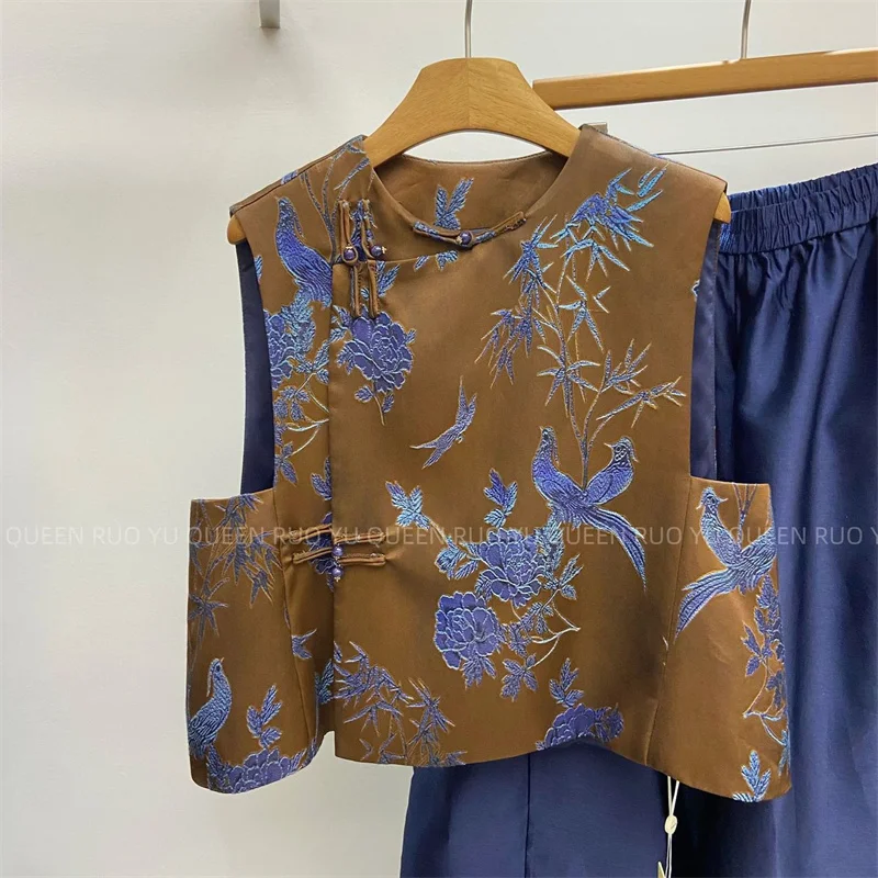 Fashion Chinese Printing Dunk Color Vest Coat with High Sense of Luxury and Loose old Money Style Beautiful Sleeveless Vest Coat