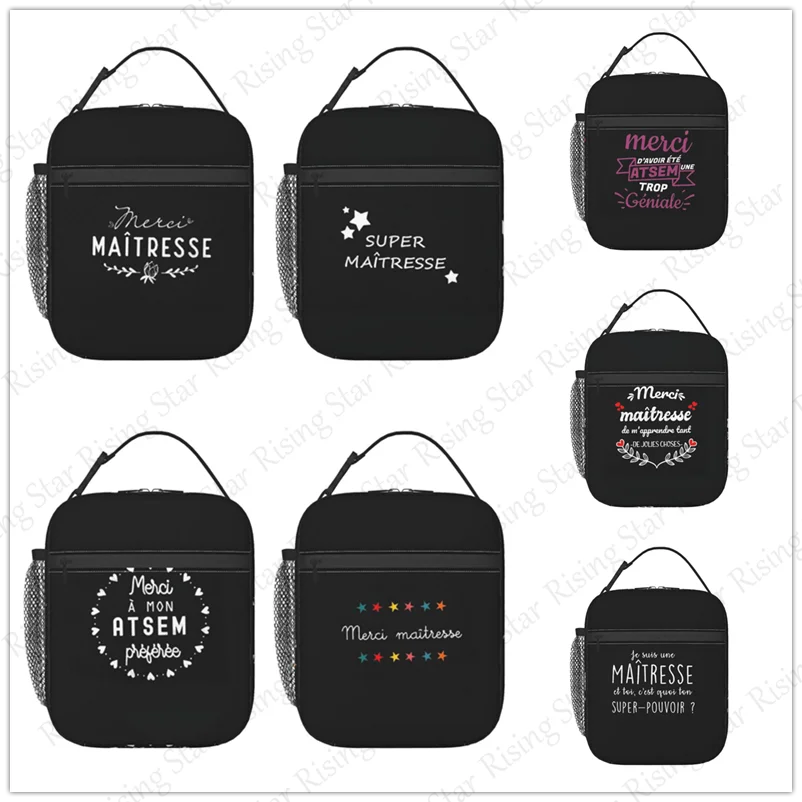 Lunch Bag insulated bag,student thickened waterproof Bento Bag Outdoor Travel Ice Pack Thank You Mistress French Print Teacher's