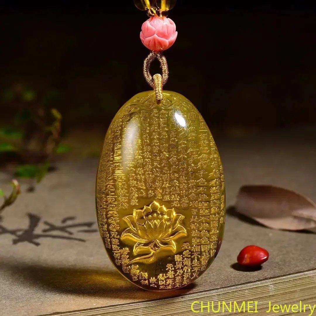 Buddhism Original Golden Amber Heart Sutra Brand 5A Purified Water Lotus Amber Pendant Women Beeswax Pendant for Men Folk Style